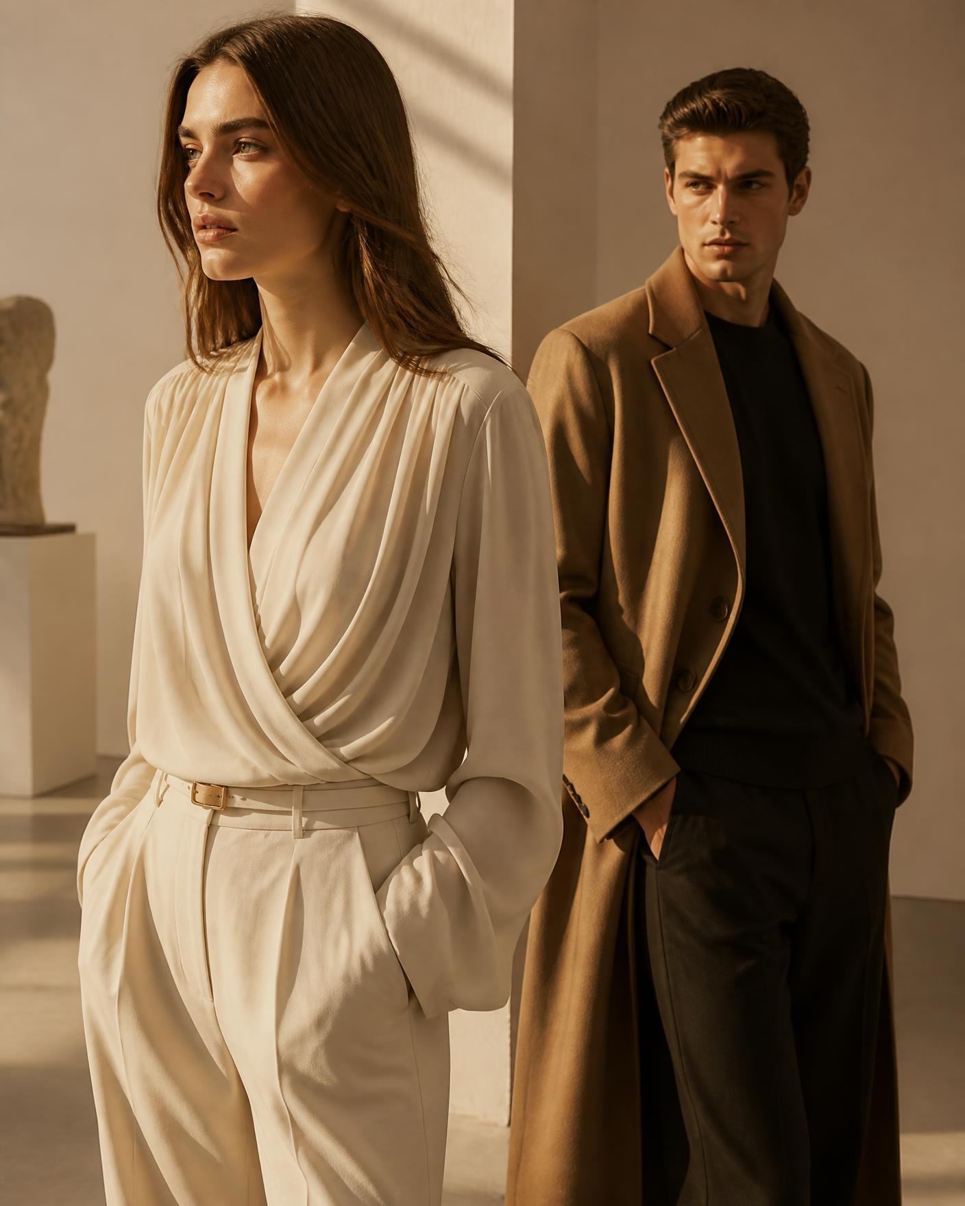 Bloom season campaign: two models in neutral tailoring in a sunlit gallery
